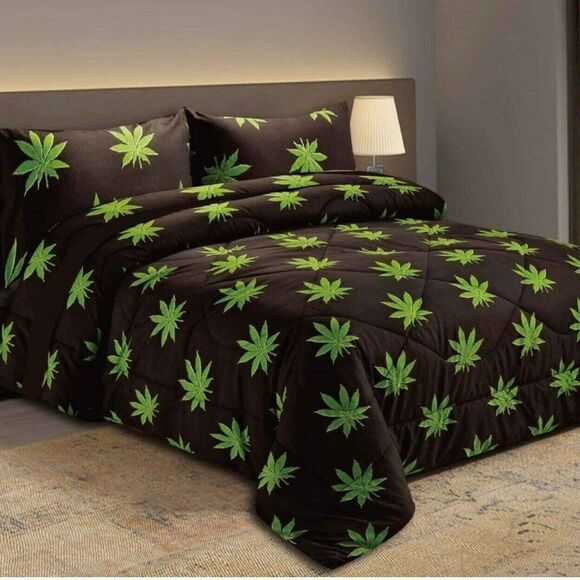  Pot Leaf KING Sheet Set Black Green Doobie Joint Grass Hippie Vibe - Picture 1 of 5